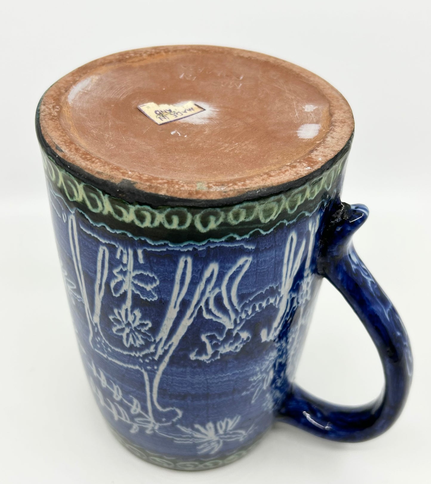 Polish Artisan Pottery Handcrafted Cobalt Blue with Green Trim Tall Mug - Beer Stein