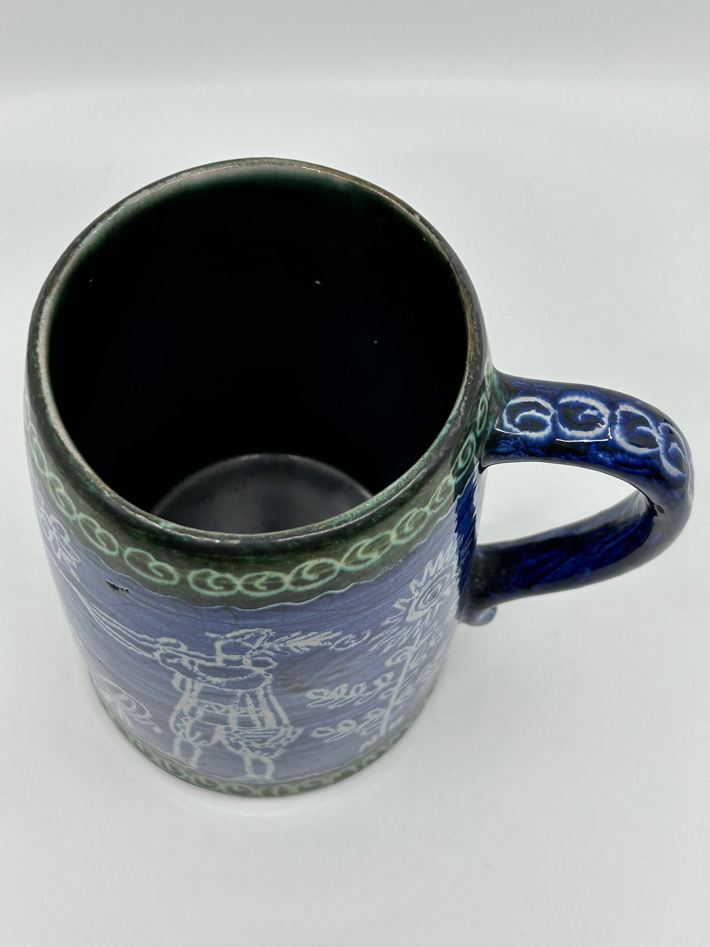 Polish Artisan Pottery Handcrafted Cobalt Blue with Green Trim Tall Mug - Beer Stein