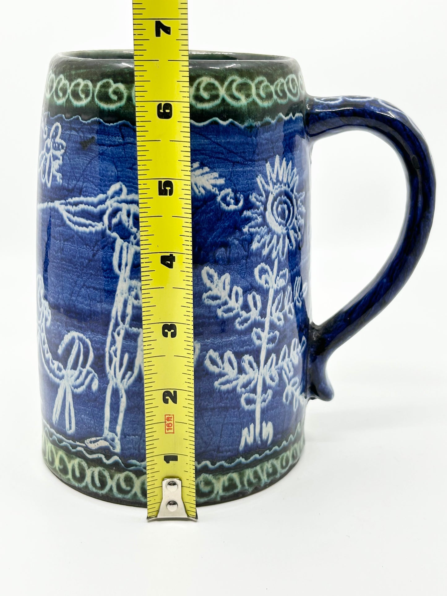 Polish Artisan Pottery Handcrafted Cobalt Blue with Green Trim Tall Mug - Beer Stein
