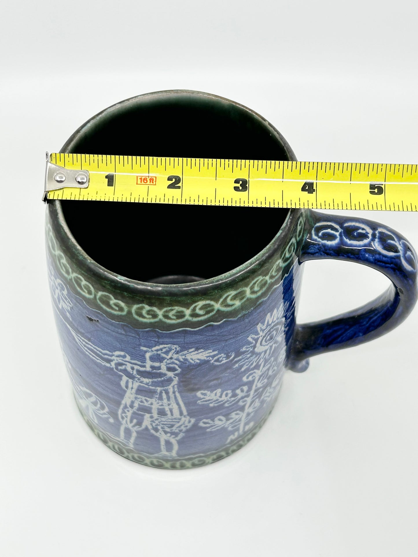 Polish Artisan Pottery Handcrafted Cobalt Blue with Green Trim Tall Mug - Beer Stein