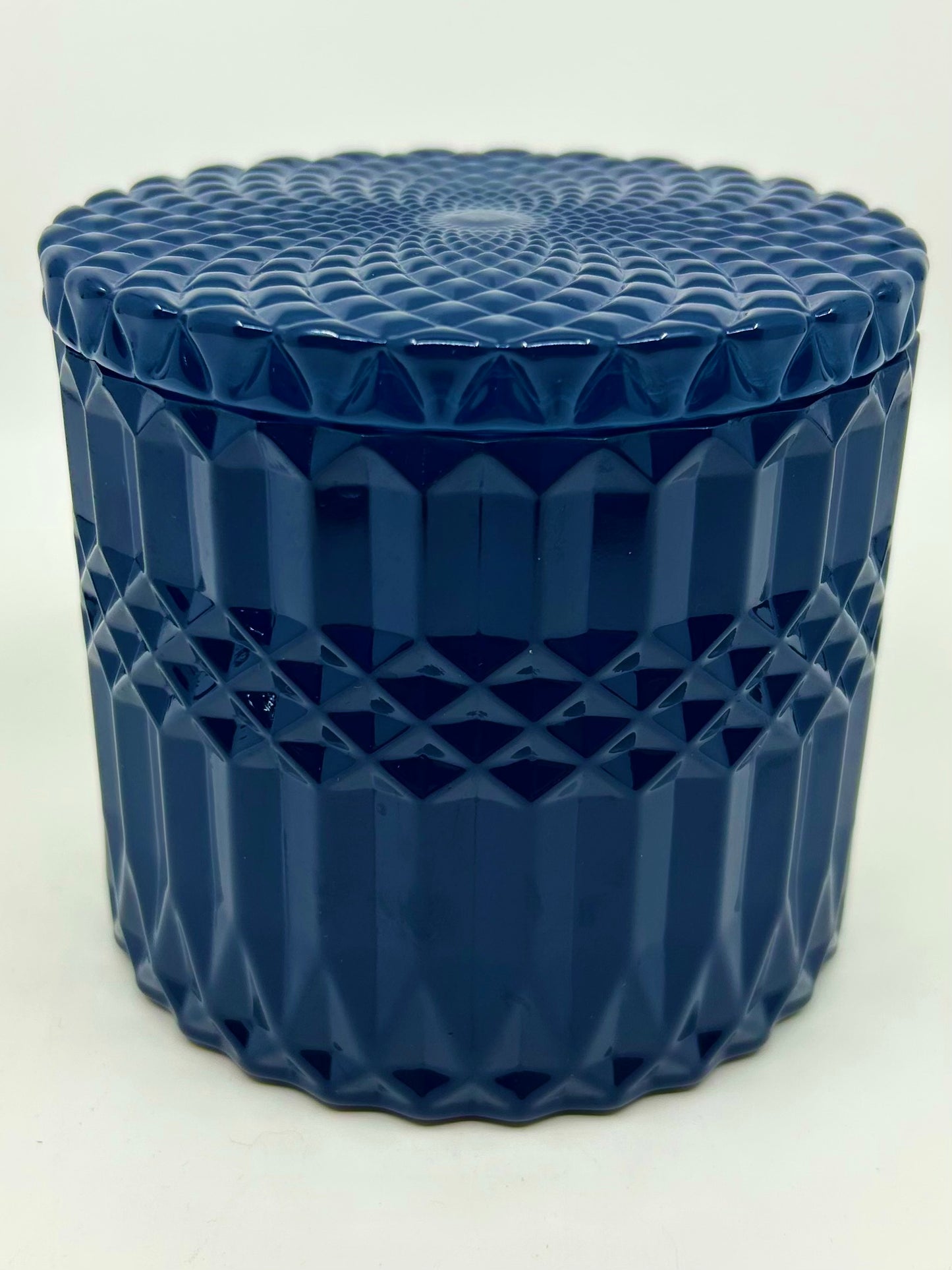 Cobalt Blue diamond cut glass jar with suction lid