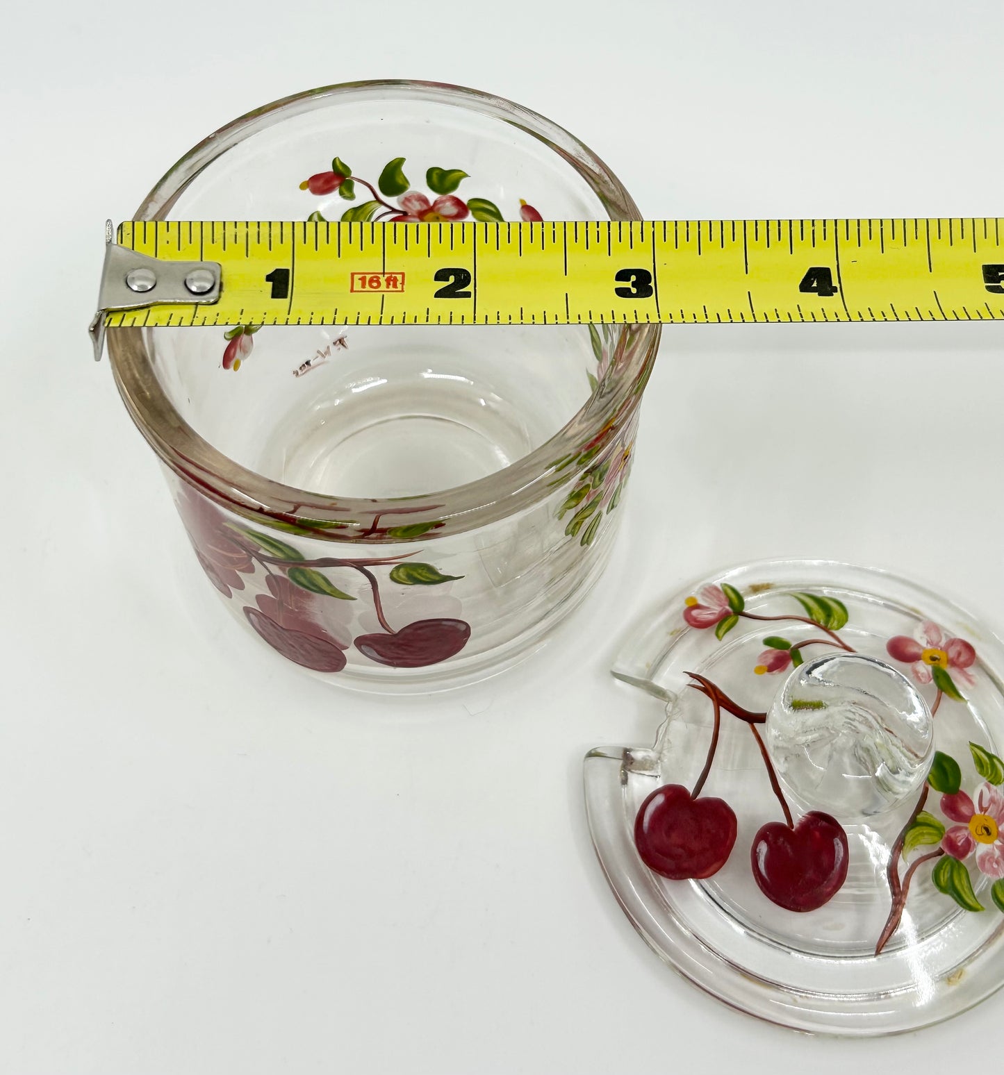 Jeannette Glass Hand painted Cherries and Blossoms Honey / Jam Jar