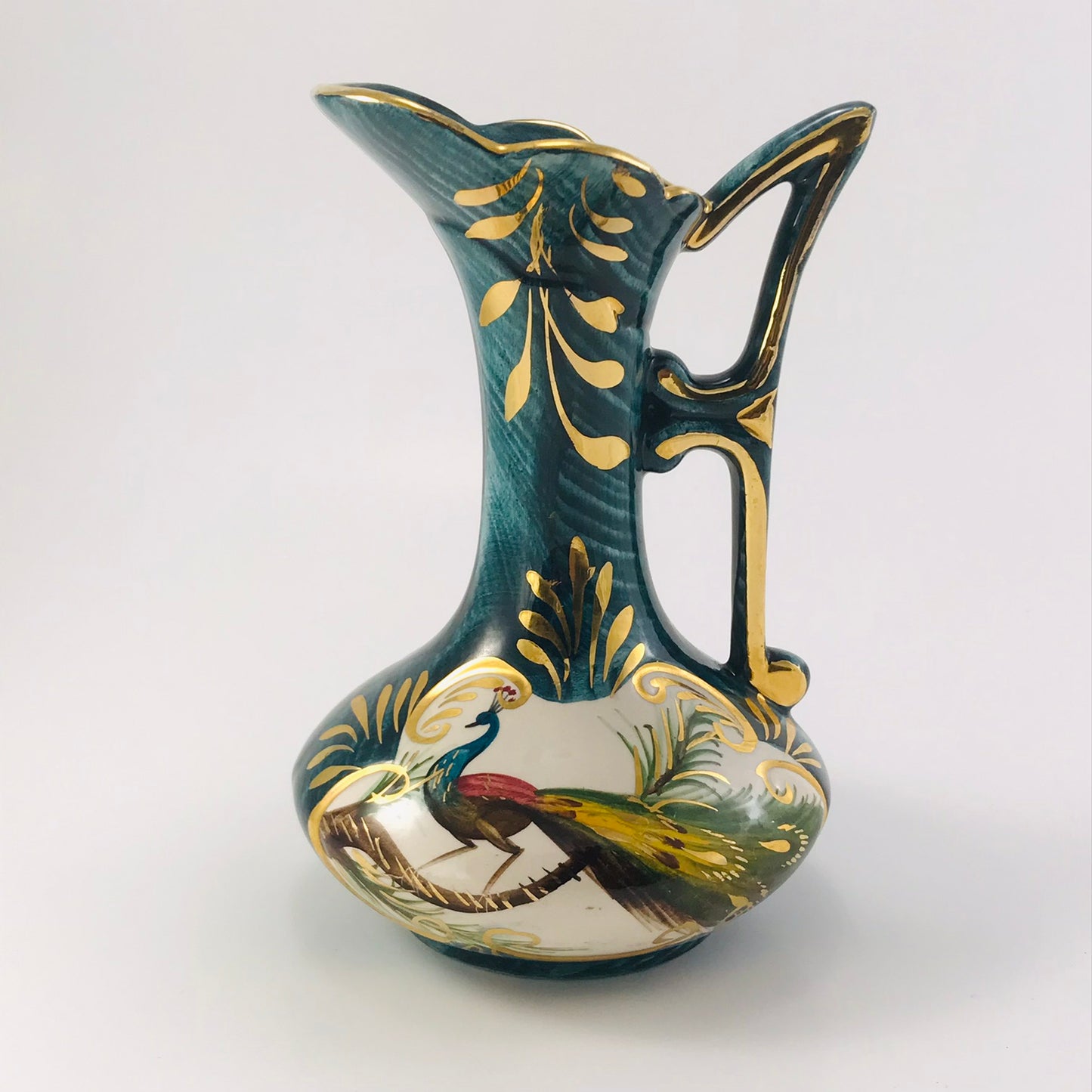 H. Bequet Quaregnon Peacock Belgium Ceramic Vase / Pitcher No. 314
