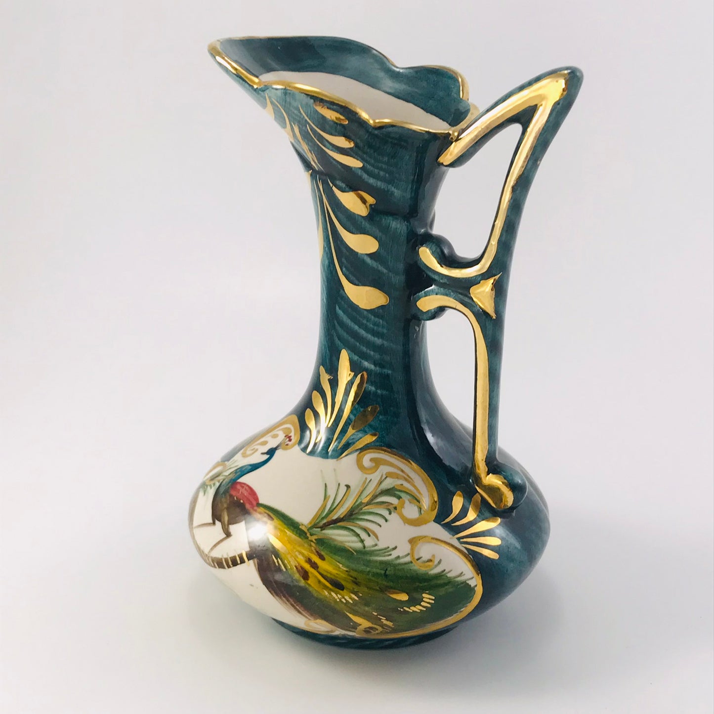 H. Bequet Quaregnon Peacock Belgium Ceramic Vase / Pitcher No. 314