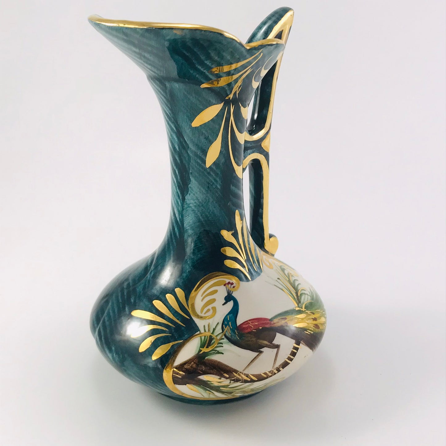 H. Bequet Quaregnon Peacock Belgium Ceramic Vase / Pitcher No. 314