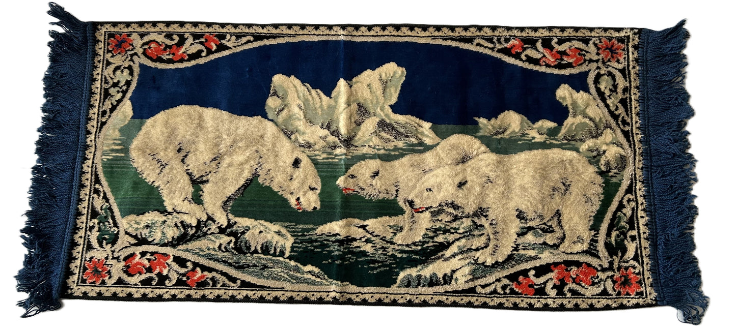 Vintage Polar Bear and Cubs Velvet Italian Tapestry with Fringes