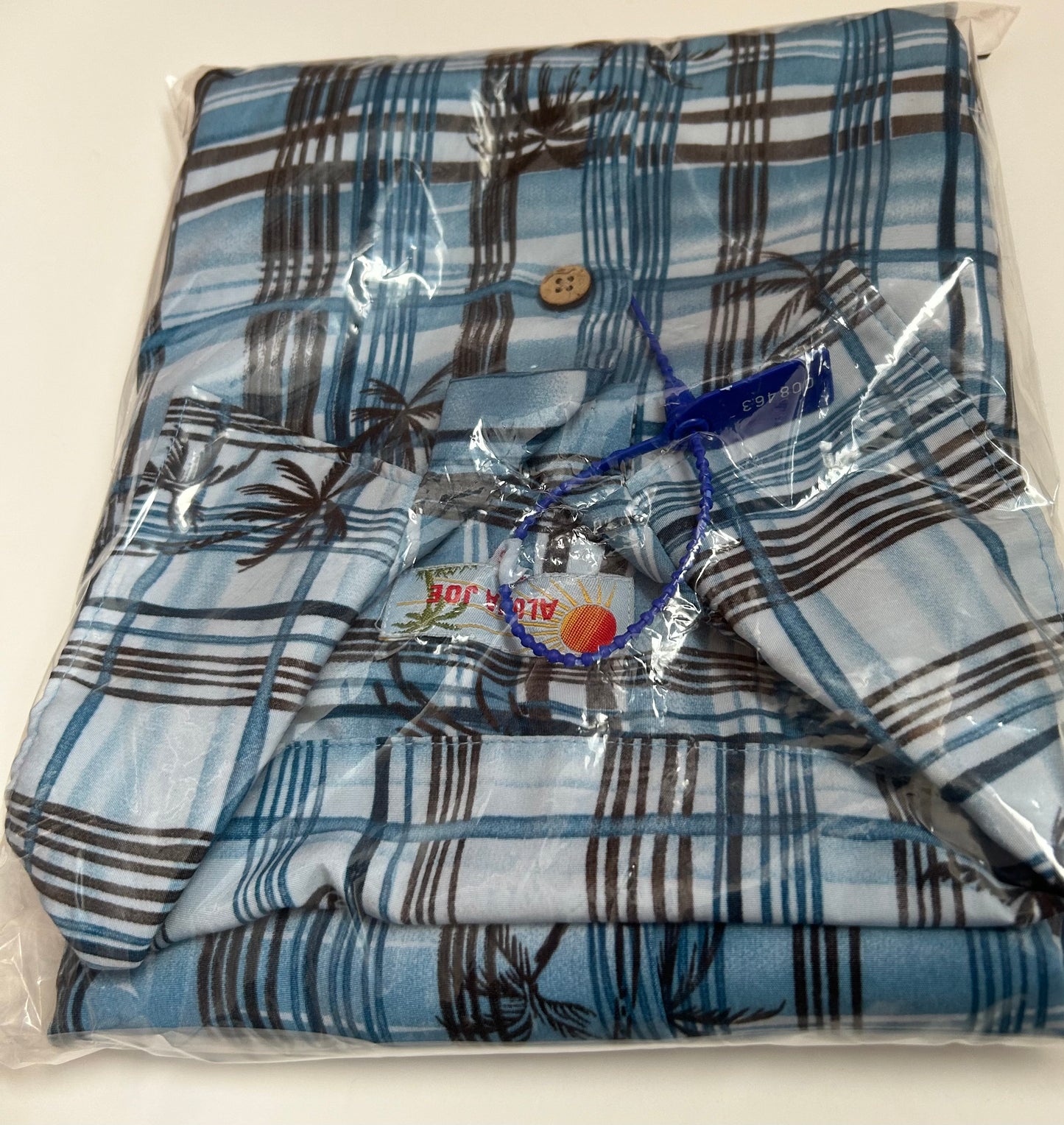 ALOHA JOE - Blue/Black Striped Plaid S/S Tropical Shirt with Palm trees - XL Men's