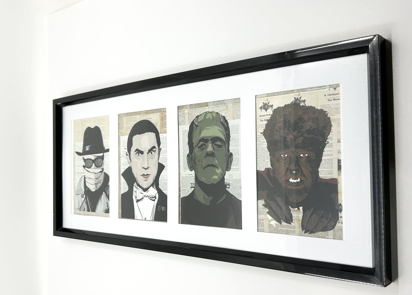 Old School Villains Compliation - The Invisible Man, Count Dracula, Frankenstein and The Wolfman - Matted /Framed Mini Prints