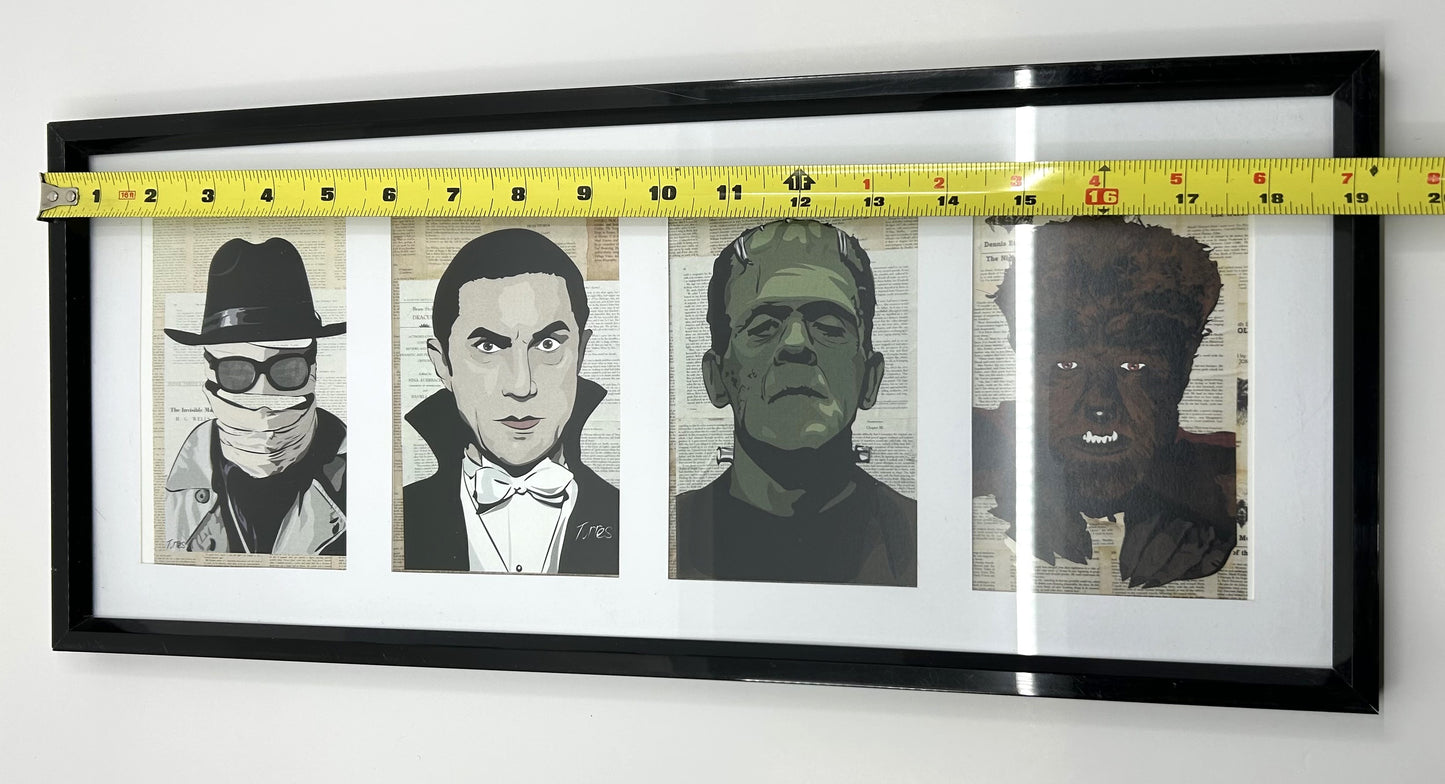 Old School Villains Compliation - The Invisible Man, Count Dracula, Frankenstein and The Wolfman - Matted /Framed Mini Prints