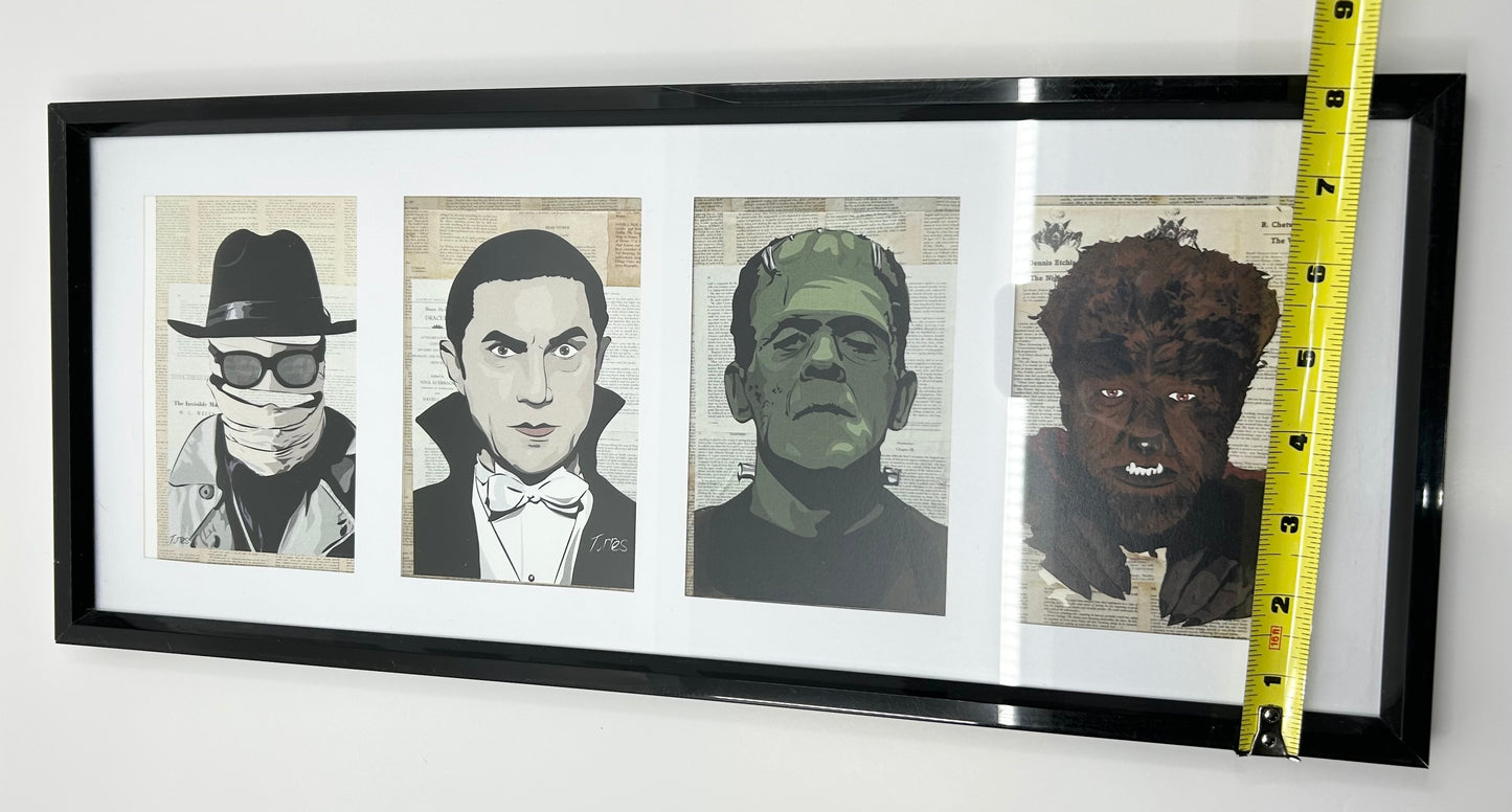 Old School Villains Compliation - The Invisible Man, Count Dracula, Frankenstein and The Wolfman - Matted /Framed Mini Prints