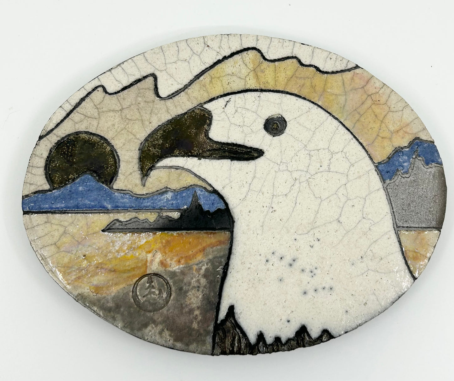 Raku Eagle Face Oval Artisan Wall Hanging - Artist Stamped