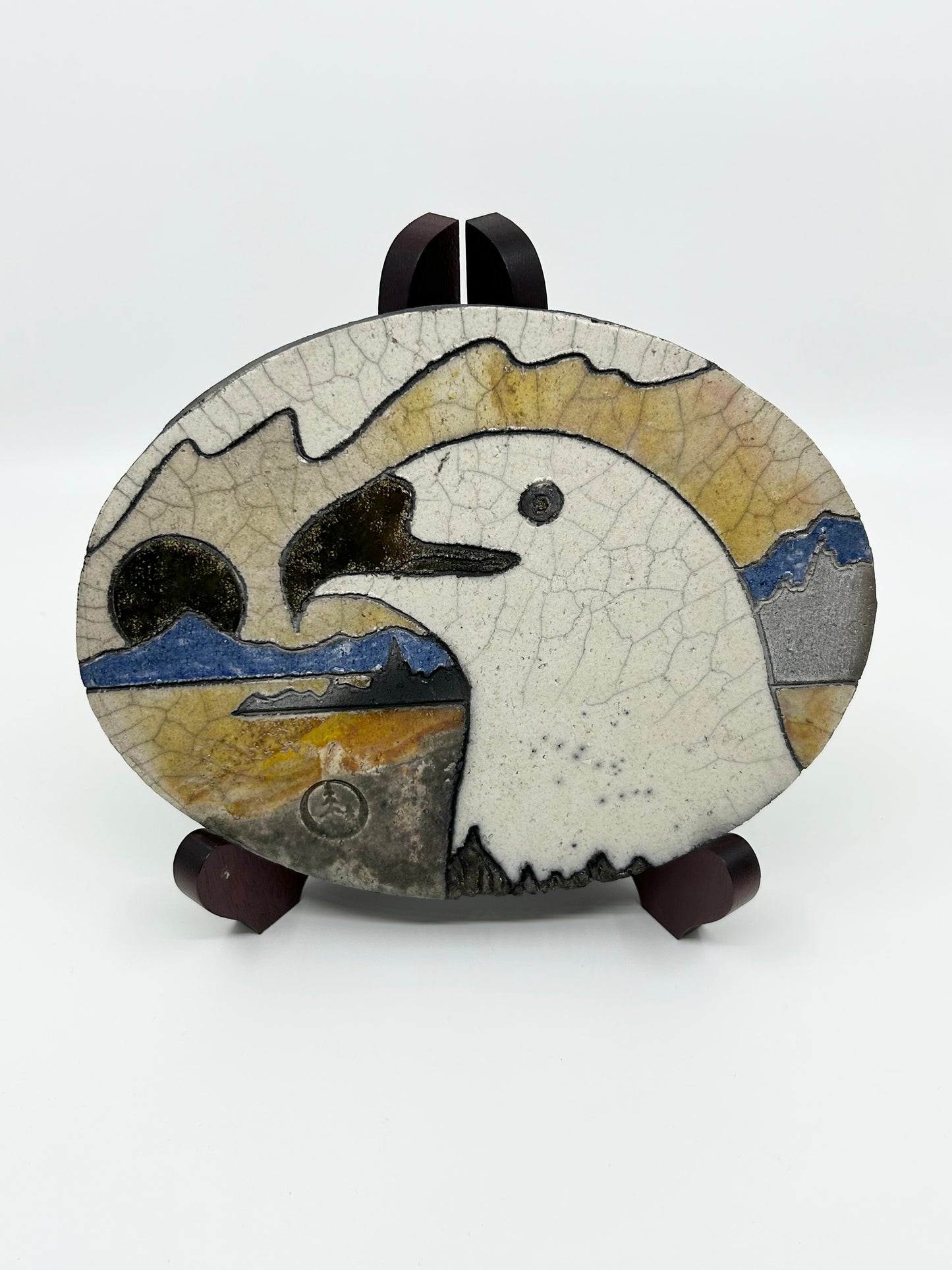 Raku Eagle Face Oval Artisan Wall Hanging - Artist Stamped