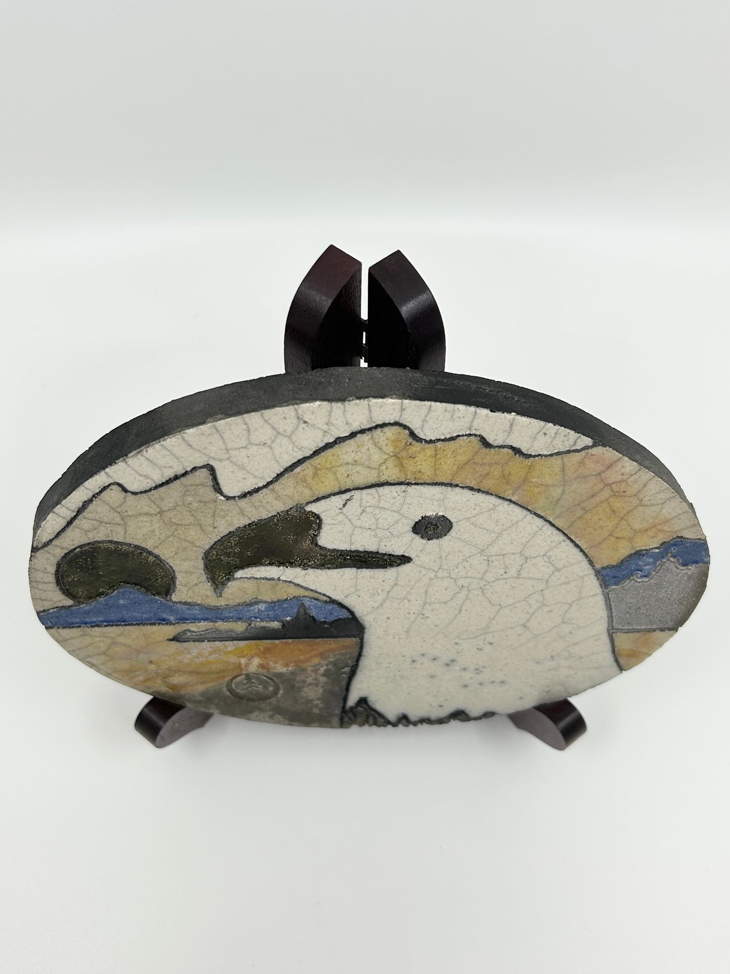 Raku Eagle Face Oval Artisan Wall Hanging - Artist Stamped