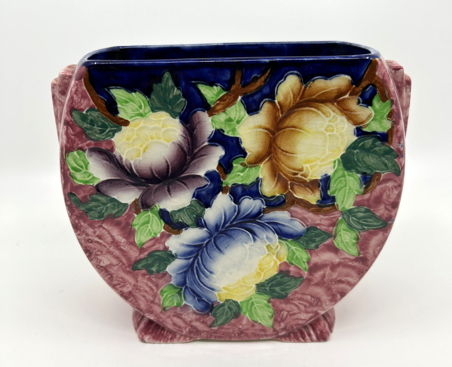 Vintage Maling Ware Pink Majolica Peonies Oval Vase