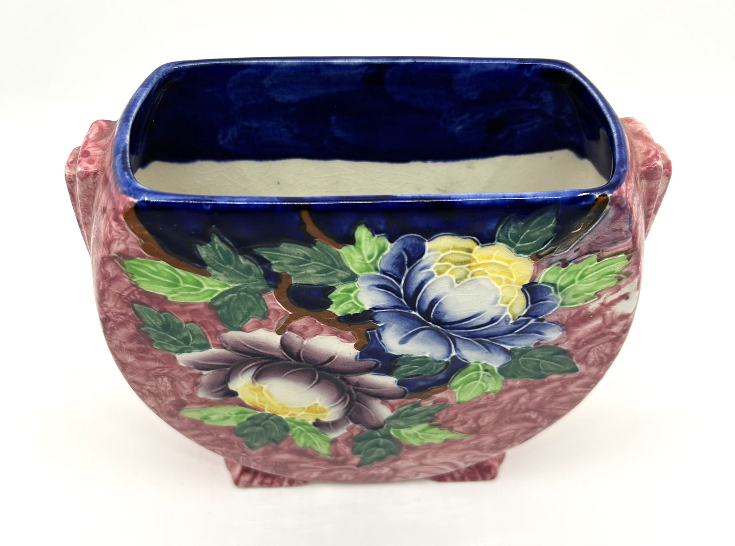Vintage Maling Ware Pink Majolica Peonies Oval Vase