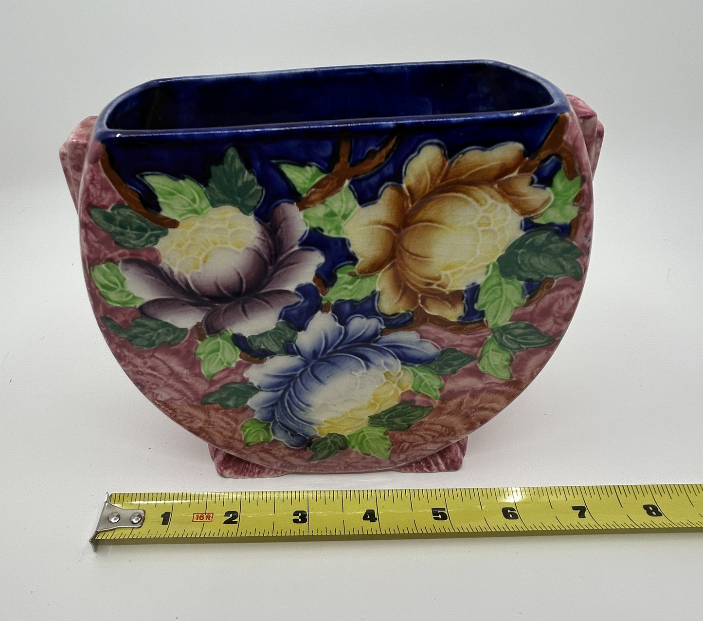 Vintage Maling Ware Pink Majolica Peonies Oval Vase