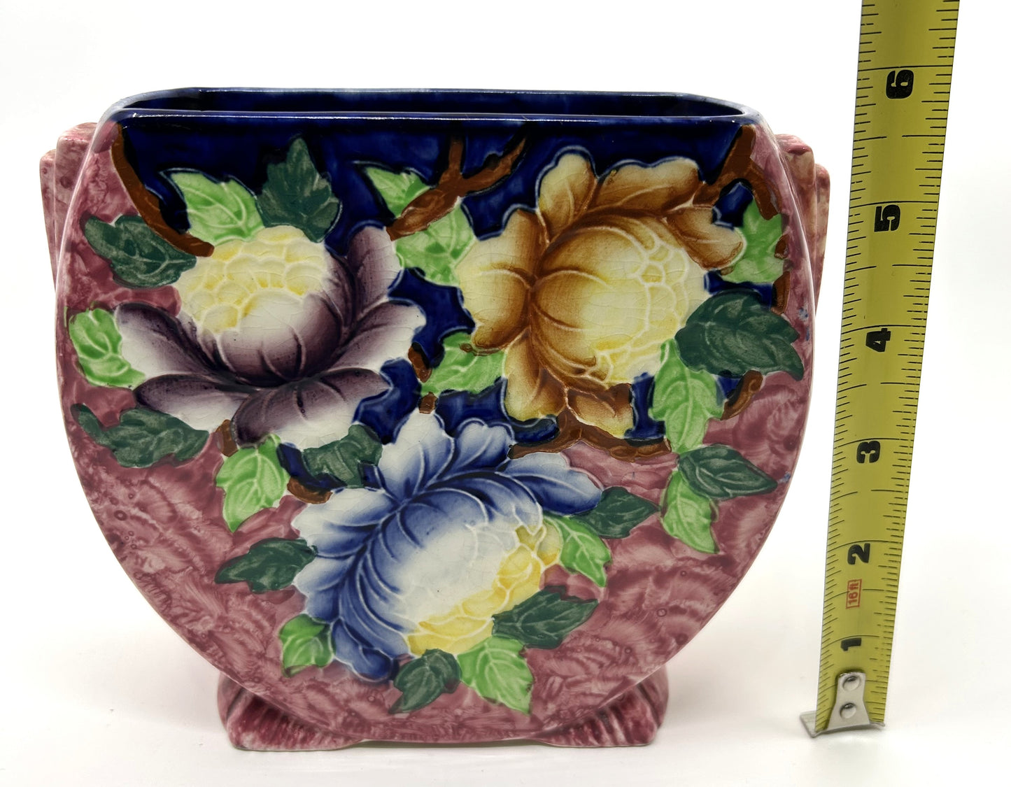 Vintage Maling Ware Pink Majolica Peonies Oval Vase