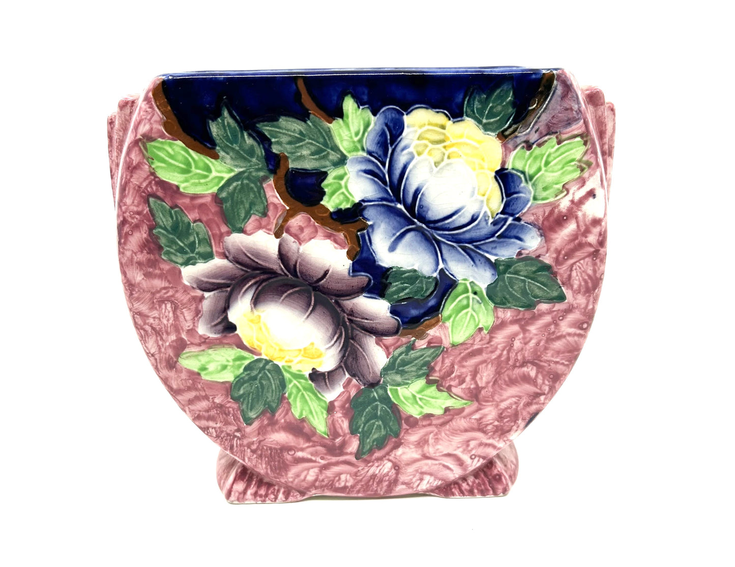 Vintage Maling Ware Pink Majolica Peonies Oval Vase