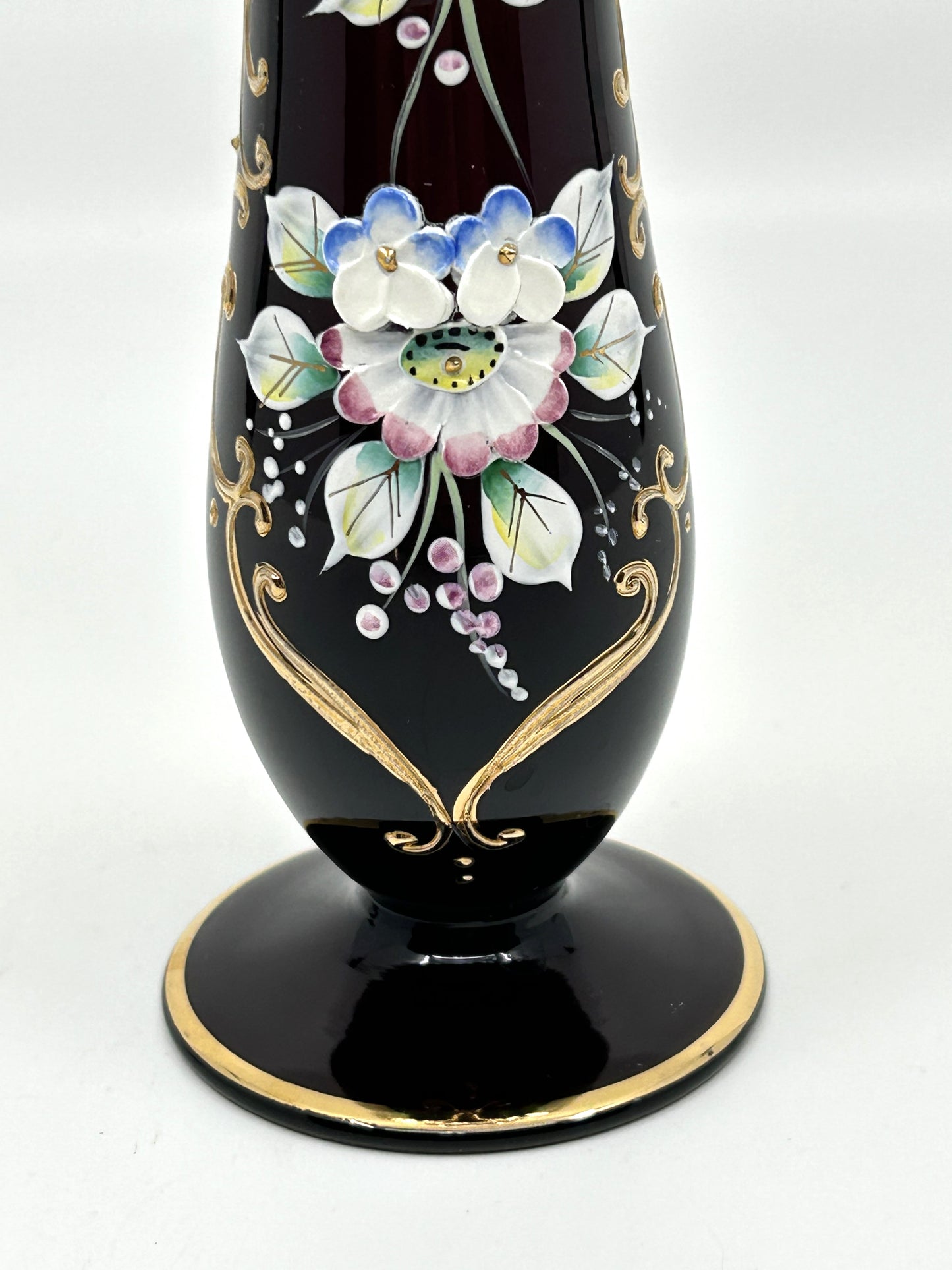 Bohemia Czech Dark Purple Glass Vase with Raised Florals and Gold Trim