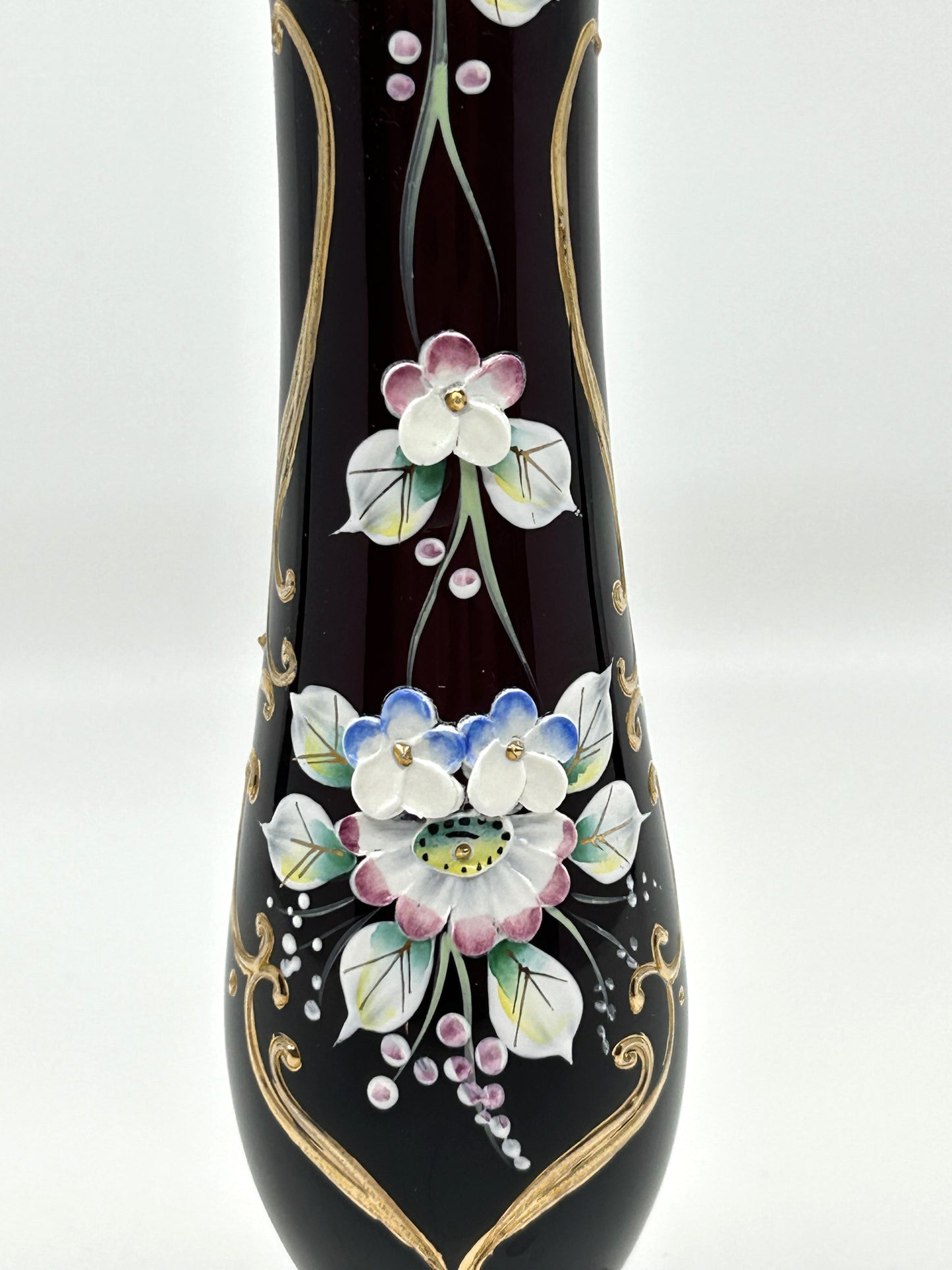 Bohemia Czech Dark Purple Glass Vase with Raised Florals and Gold Trim