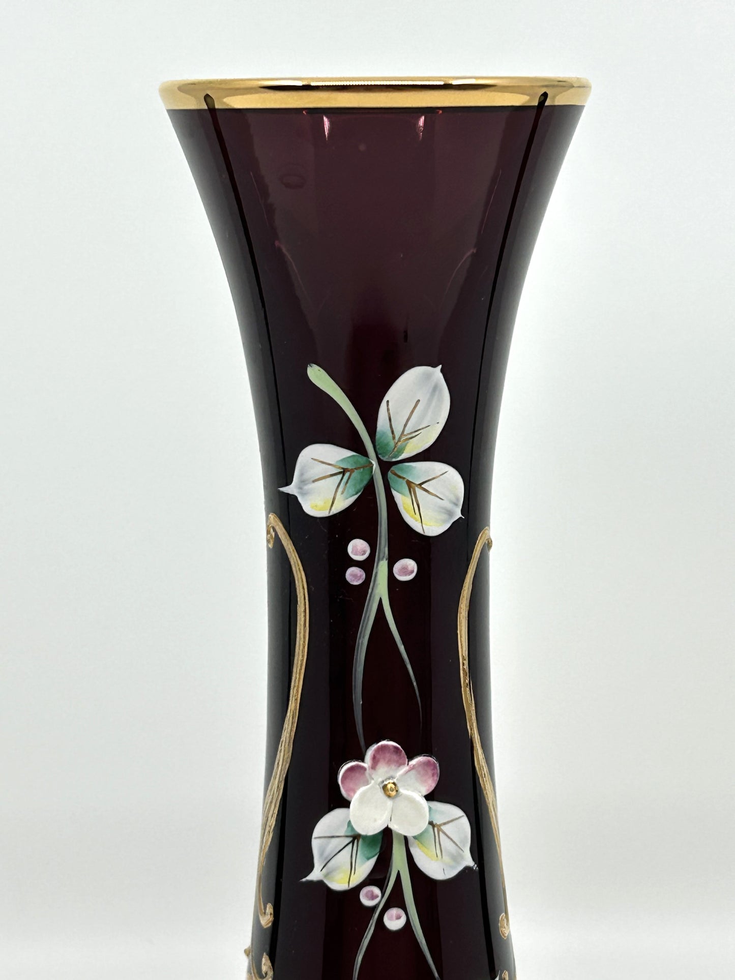 Bohemia Czech Dark Purple Glass Vase with Raised Florals and Gold Trim