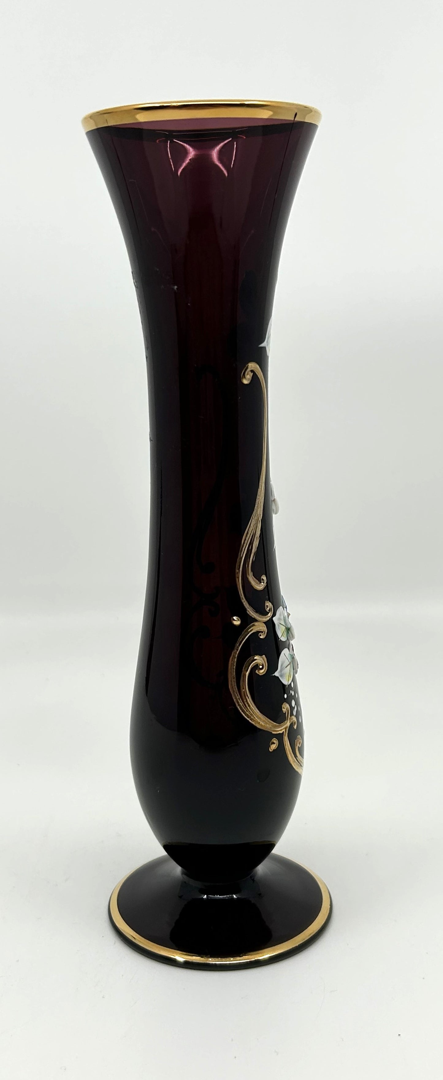 Bohemia Czech Dark Purple Glass Vase with Raised Florals and Gold Trim