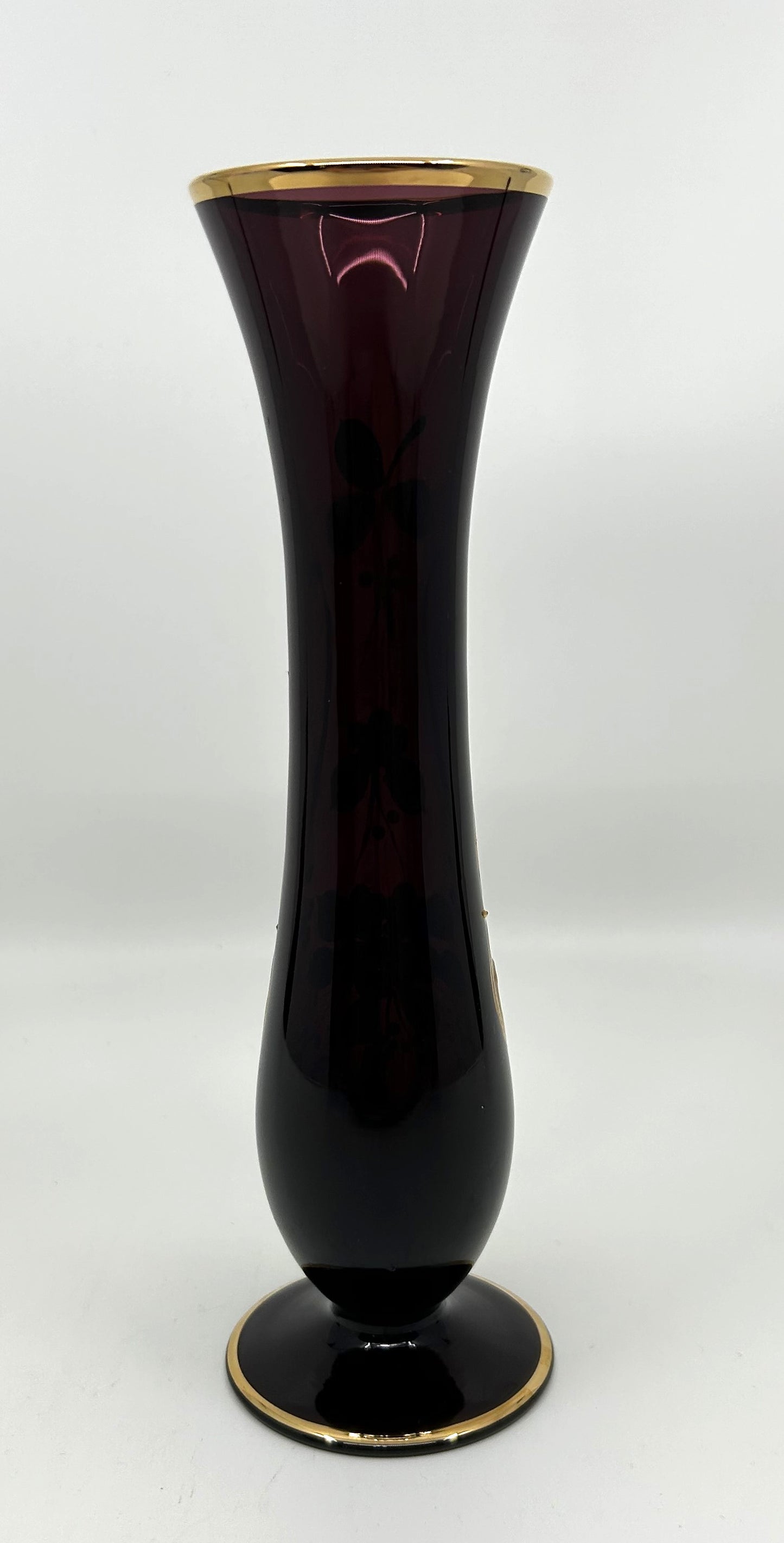 Bohemia Czech Dark Purple Glass Vase with Raised Florals and Gold Trim