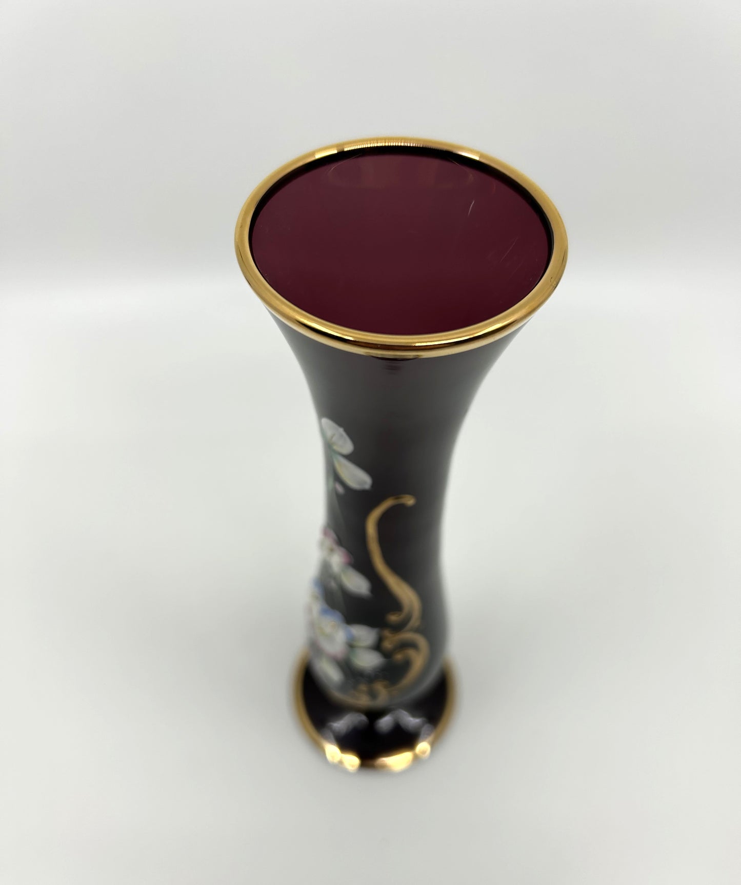 Bohemia Czech Dark Purple Glass Vase with Raised Florals and Gold Trim