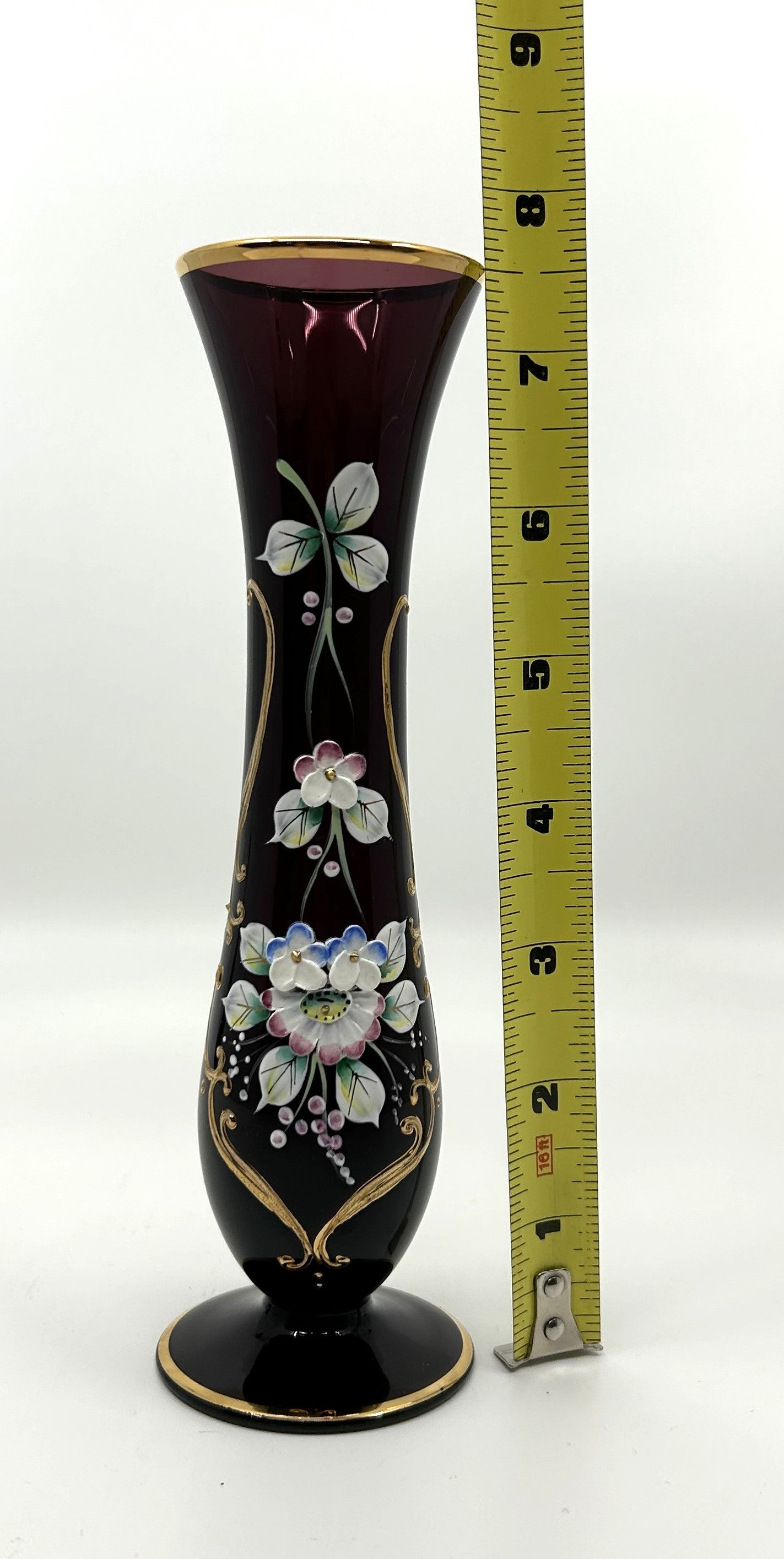 Bohemia Czech Dark Purple Glass Vase with Raised Florals and Gold Trim