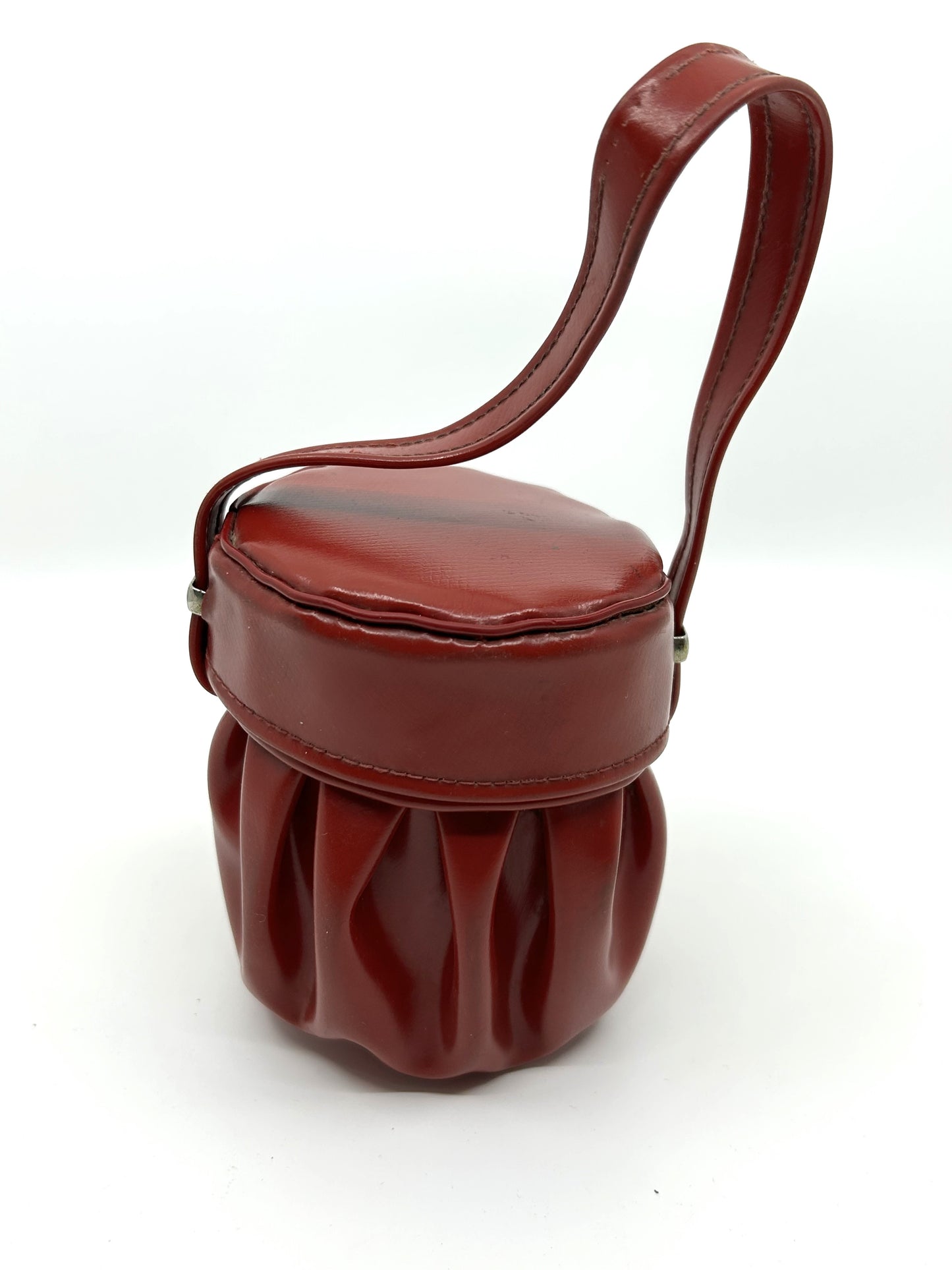 Super Vintage 1950 Red Vinyl Pleated Round Jewelry Box Mini Handbag