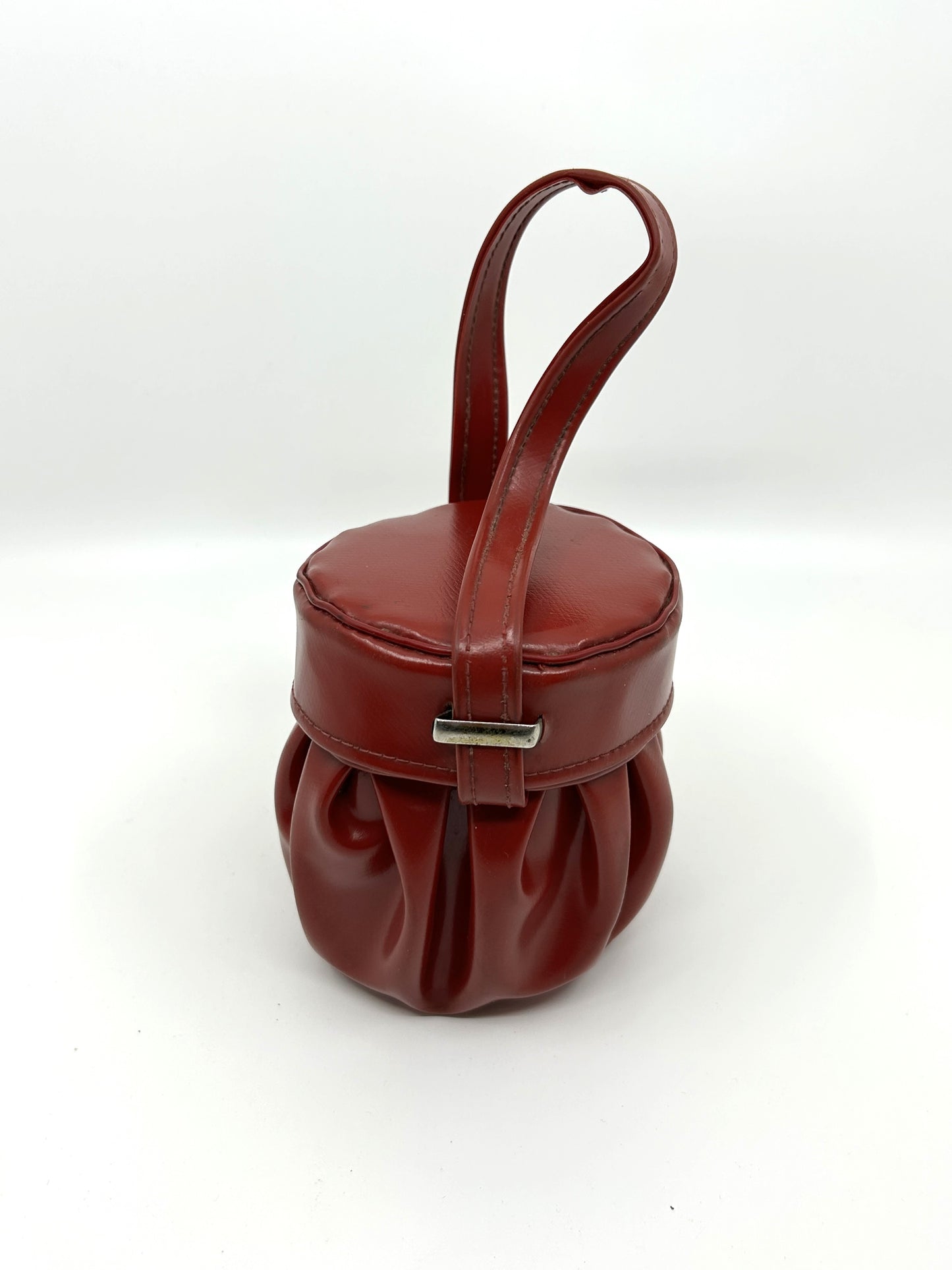 Super Vintage 1950 Red Vinyl Pleated Round Jewelry Box Mini Handbag