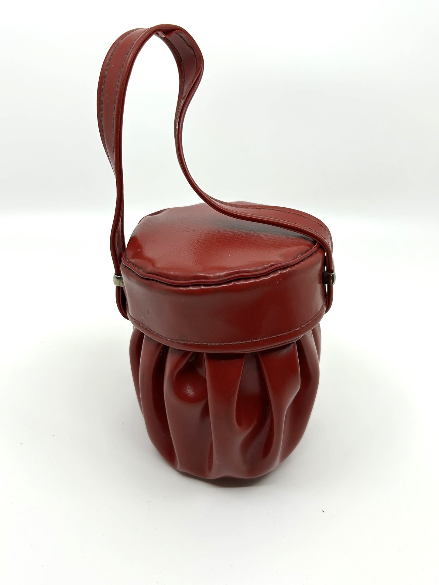 Super Vintage 1950 Red Vinyl Pleated Round Jewelry Box Mini Handbag