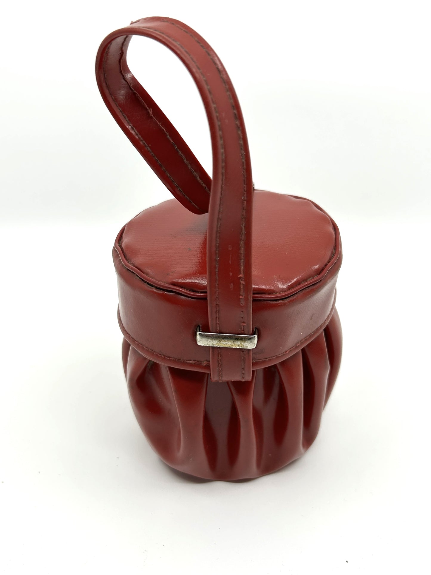 Super Vintage 1950 Red Vinyl Pleated Round Jewelry Box Mini Handbag