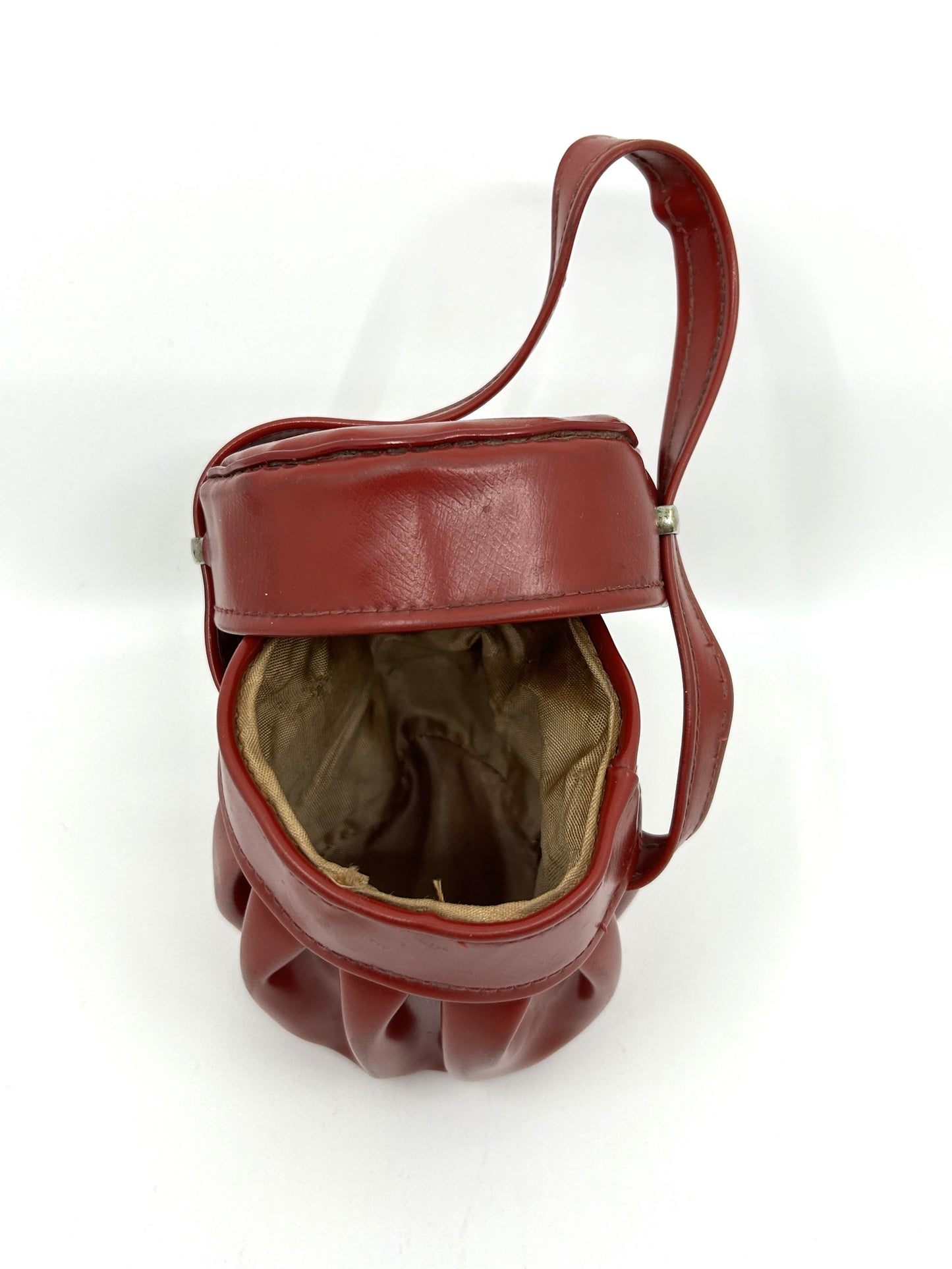 Super Vintage 1950 Red Vinyl Pleated Round Jewelry Box Mini Handbag