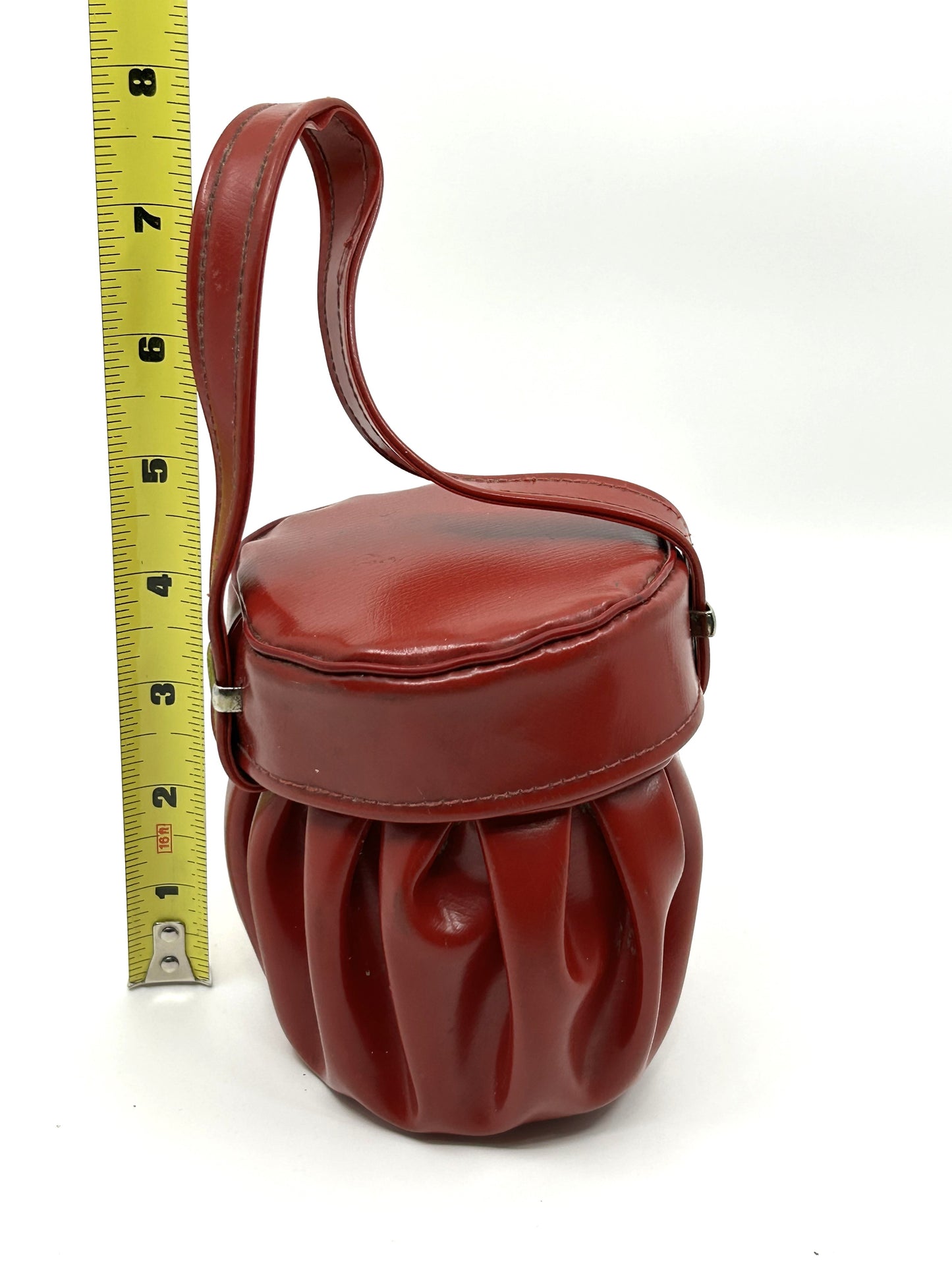 Super Vintage 1950 Red Vinyl Pleated Round Jewelry Box Mini Handbag