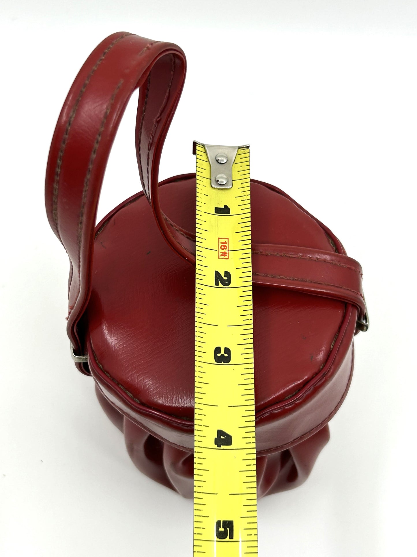 Super Vintage 1950 Red Vinyl Pleated Round Jewelry Box Mini Handbag
