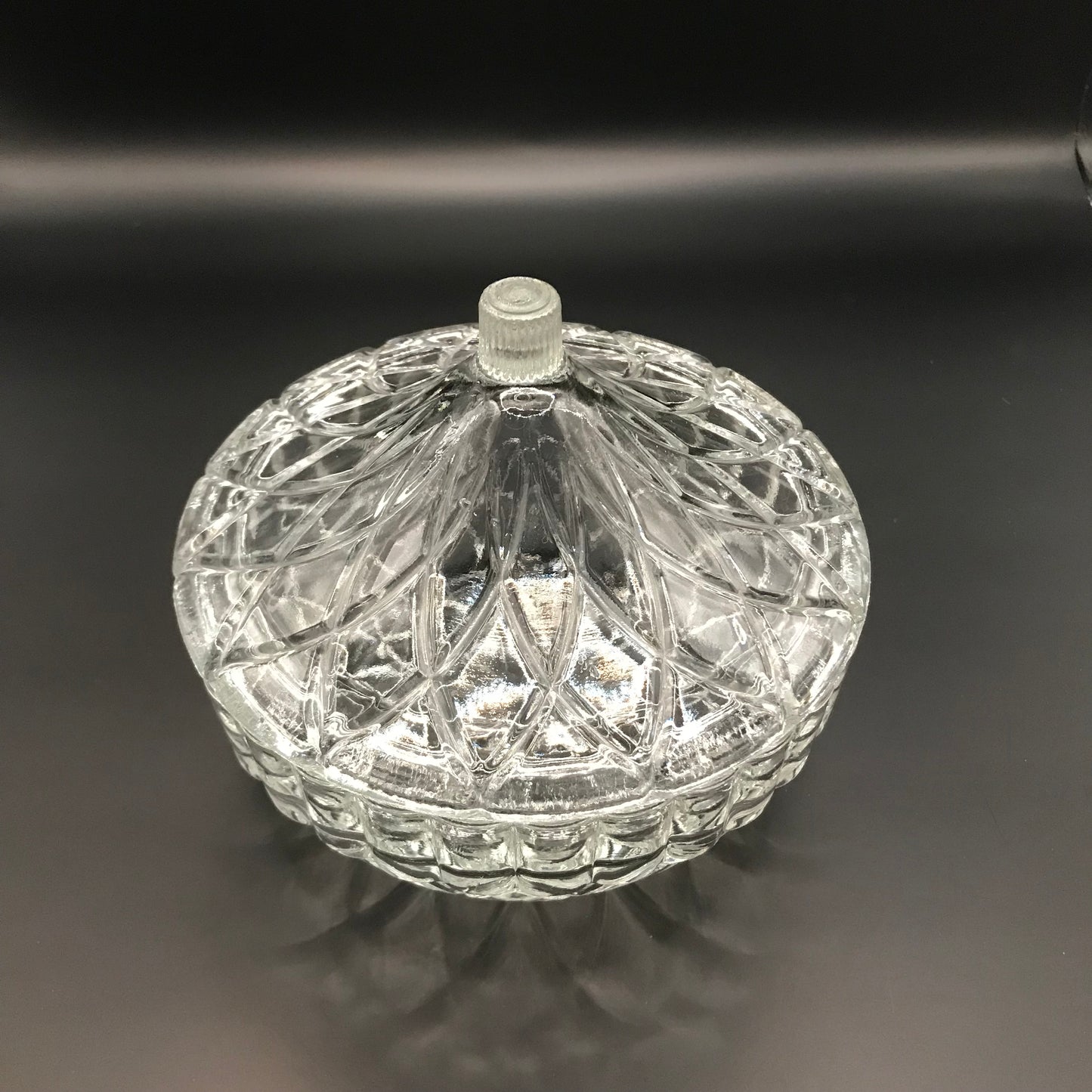 Vintage KIG Indonesia Clear Glass Candy Dish w/ Arched Lid Geometric Pattern Trinket Box