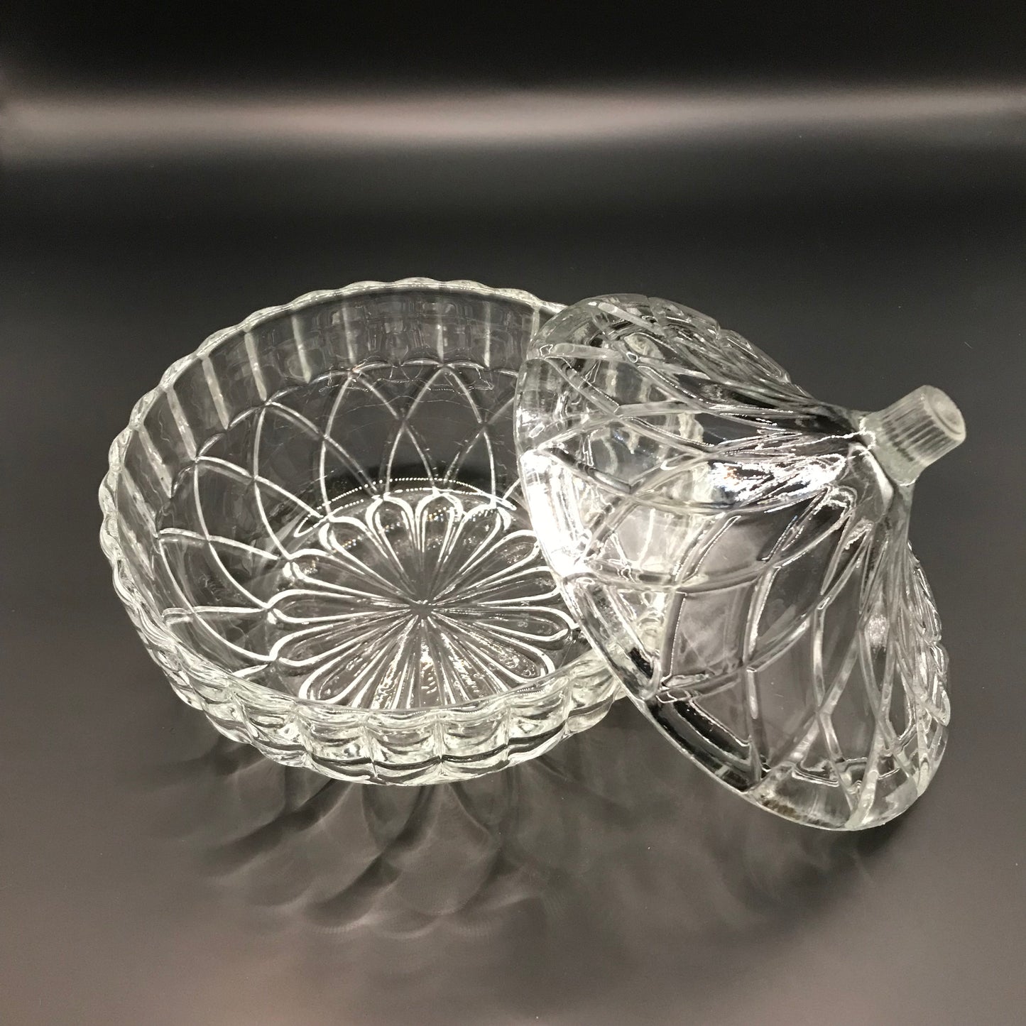 Vintage KIG Indonesia Clear Glass Candy Dish w/ Arched Lid Geometric Pattern Trinket Box