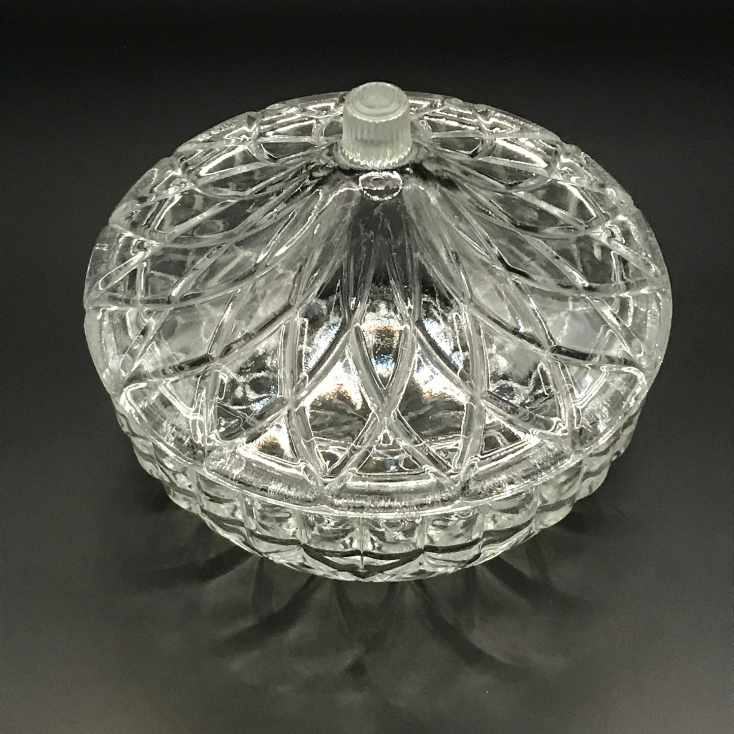 Vintage KIG Indonesia Clear Glass Candy Dish w/ Arched Lid Geometric Pattern Trinket Box