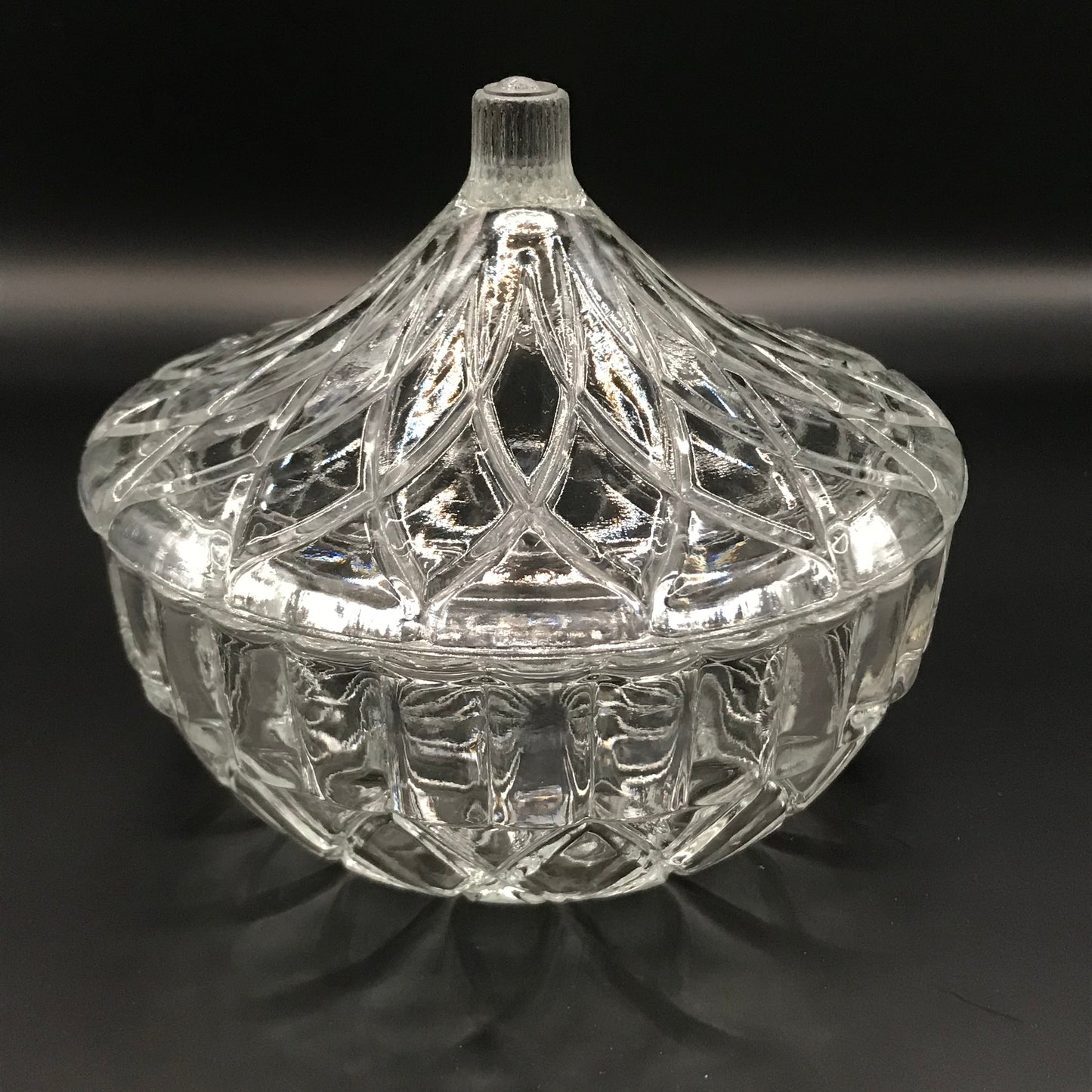 Vintage KIG Indonesia Clear Glass Candy Dish w/ Arched Lid Geometric Pattern Trinket Box