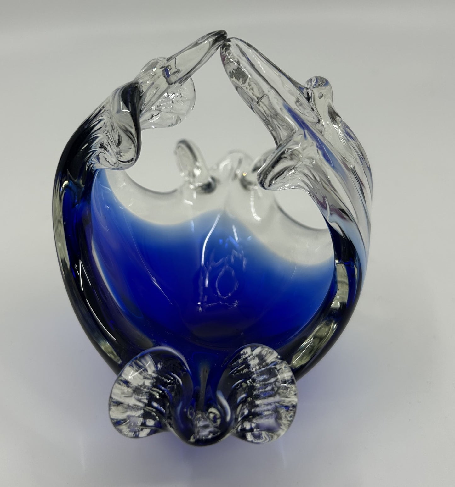 Mini Chalet Encased Blue and Clear Art Glass Ashtray
