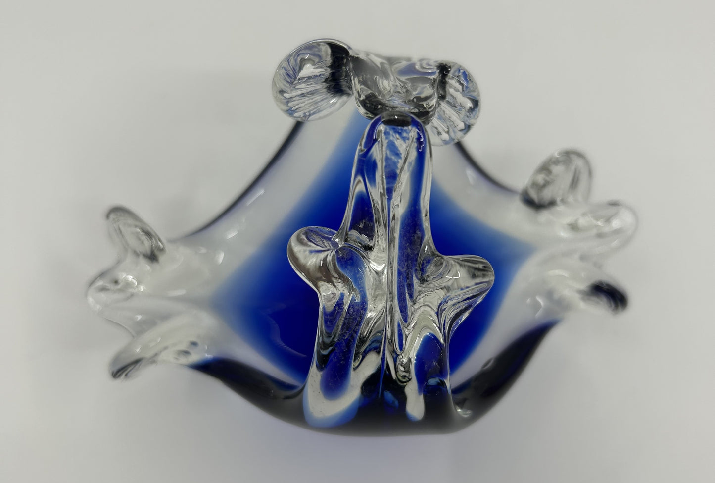 Mini Chalet Encased Blue and Clear Art Glass Ashtray