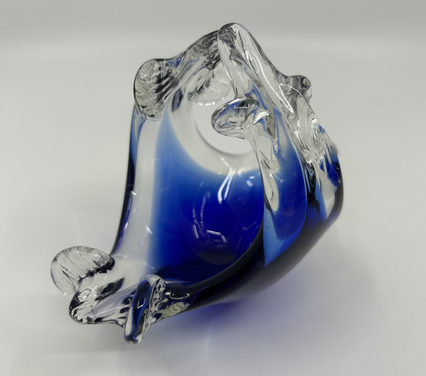 Mini Chalet Encased Blue and Clear Art Glass Ashtray