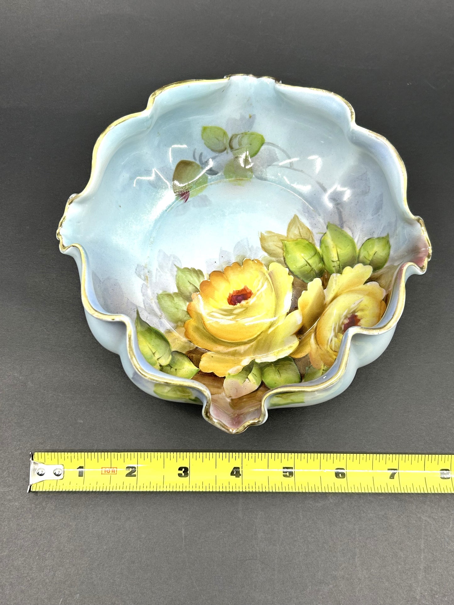 Vintage Nippon Morimura Blue Lusterware with Yellow Roses Candy Bowl