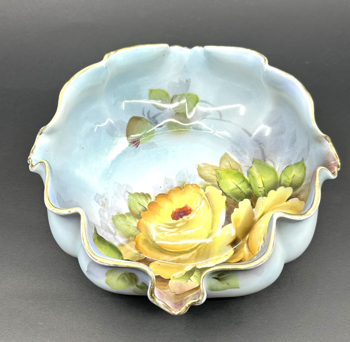 Vintage Nippon Morimura Blue Lusterware with Yellow Roses Candy Bowl