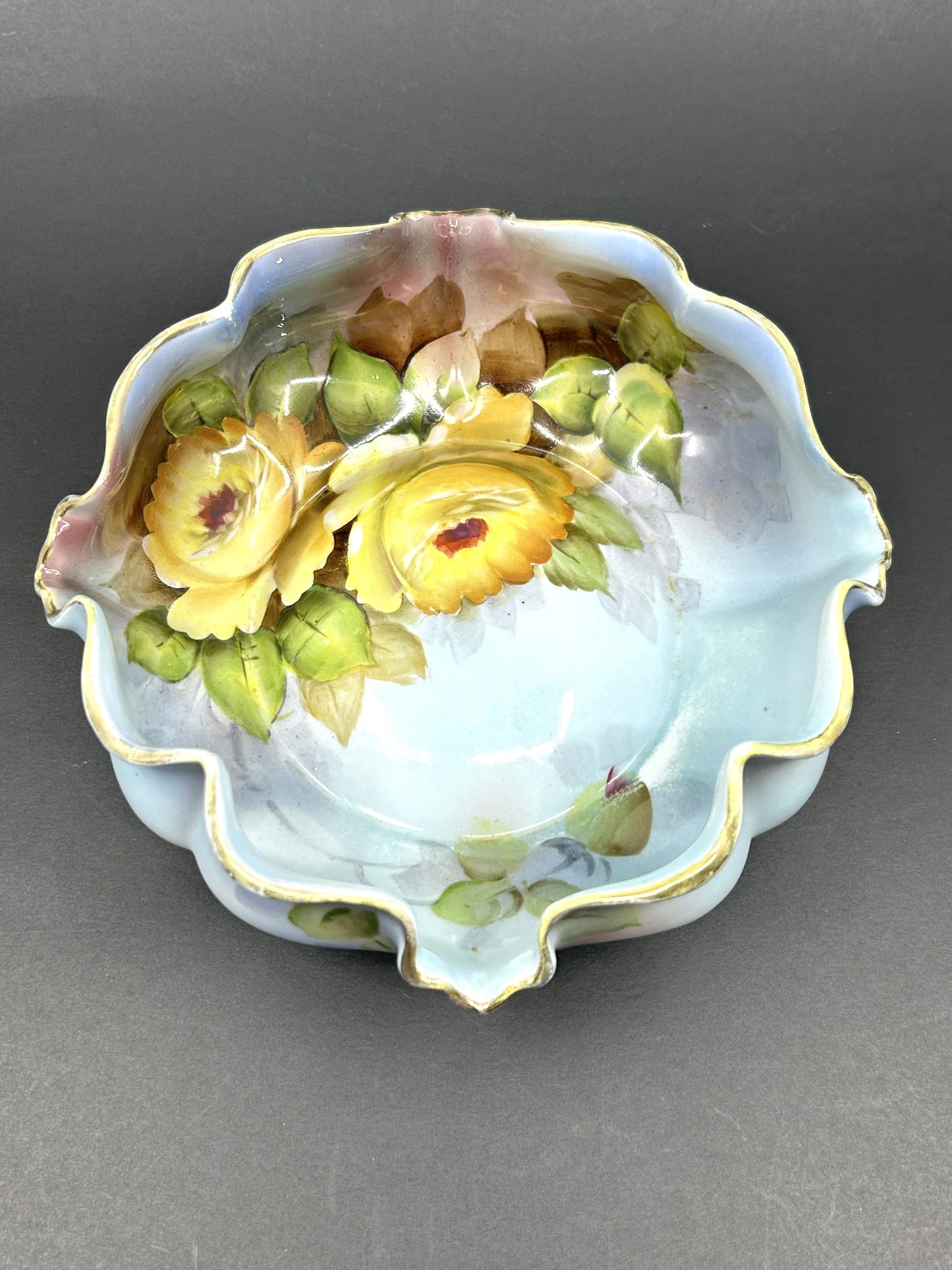 Vintage Nippon Morimura Blue Lusterware with Yellow Roses Candy Bowl