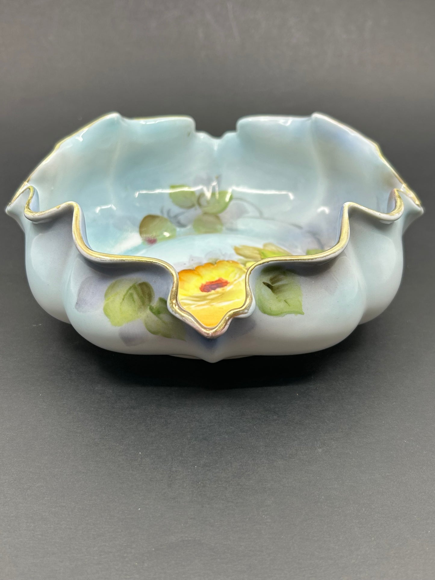 Vintage Nippon Morimura Blue Lusterware with Yellow Roses Candy Bowl