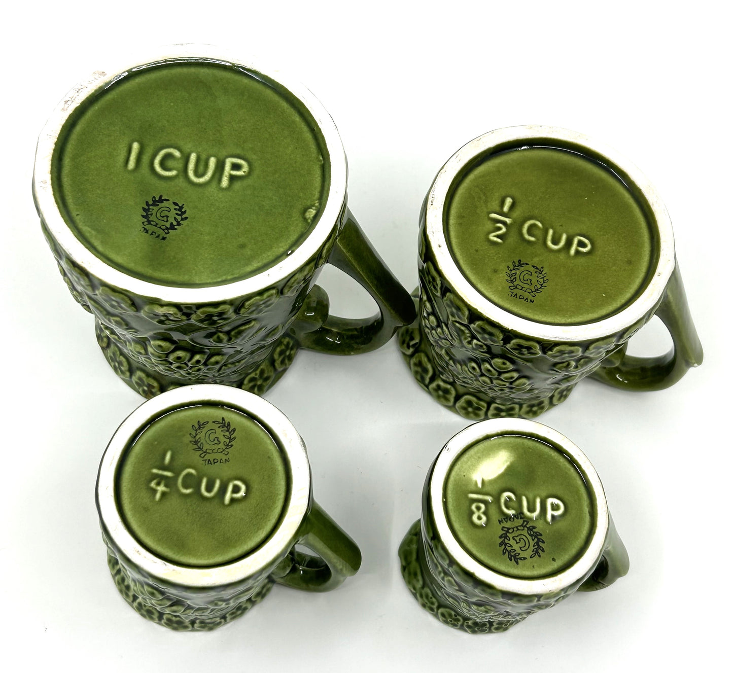 Vintage Avocado Green Grapes Gilford Ceramic Measuring Jugs - Set of 4