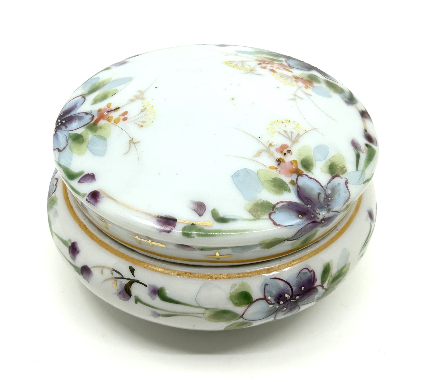 Vintage Floral Ceramic Bisque Round Trinket Dish with Lid