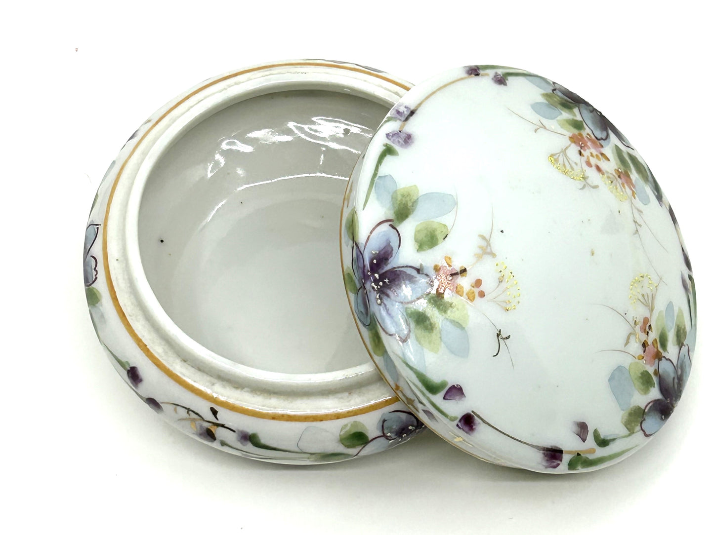 Vintage Floral Ceramic Bisque Round Trinket Dish with Lid